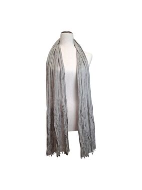 Eileen Fisher Women's Gray Crinkle Silk Scarf w/ Metal Fringe Accents 24" x 72"